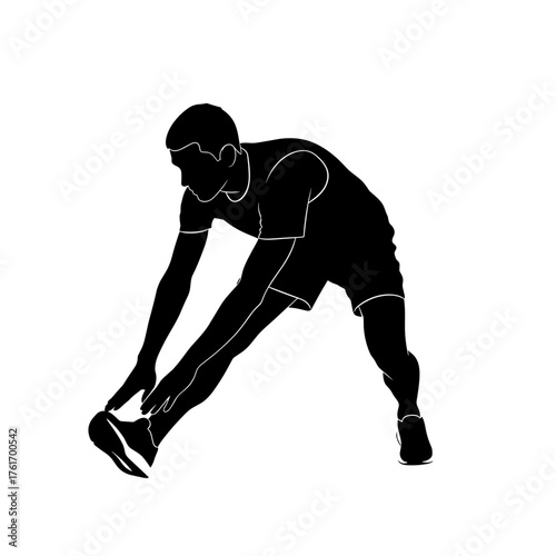 Silhouette of male athlete stretching hamstrings before workout, fitness warm-up exercise pose, flexibility and balance training, isolated on transparent background, flat style