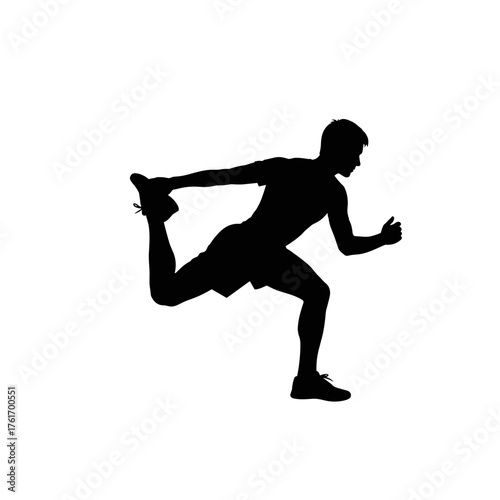 Silhouette of male athlete stretching leg before running, warm-up exercise, preparation and flexibility, isolated on transparent background