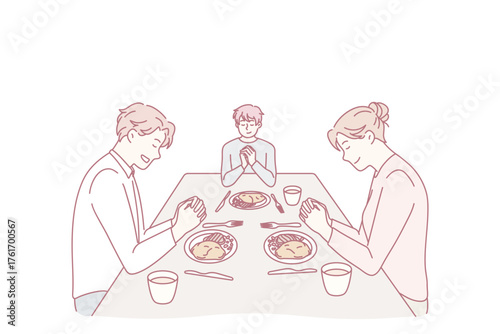 Young family with kid sit at table pray before dinner thanking god for food. Religious superstitious parents with child grateful thankful for meal. Faith, religion concept. Flat vector illustration.