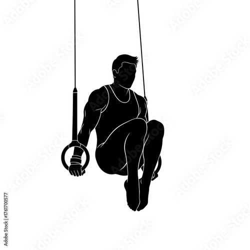 Silhouette of male gymnast performing strength hold on rings, artistic gymnastics pose, concentration and control, isolated on transparent background