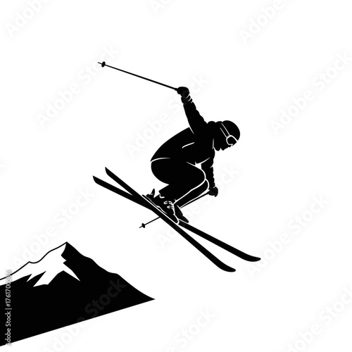 Silhouette of skier jumping off mountain slope, extreme winter sport action, freestyle skiing performance, isolated on transparent background