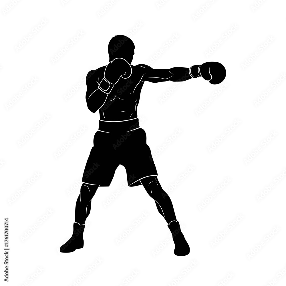 Naklejka premium Silhouette of boxer throwing punch in fighting stance, symbol of power, focus and determination, isolated on transparent background, flat style