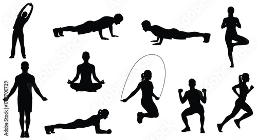 Silhouette of people doing different exercises isolated on white background, including yoga, pushups, and jumping rope