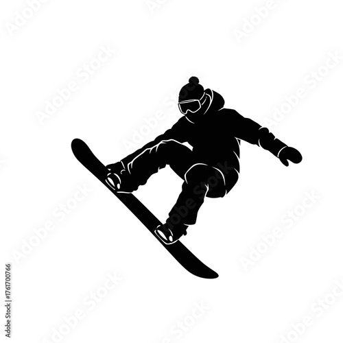 Silhouette of snowboarder performing jump trick in mid-air, symbol of winter freedom, adrenaline and skill, isolated on transparent background, flat style