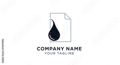 Minimalist logo design featuring a stylized paper sheet with a prominent black oil drop, symbolizing document integrity and resource management.