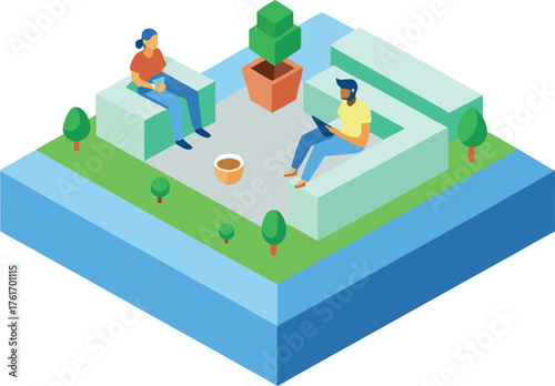 Isometric 3d vector illustration of people relaxing on a rooftop garden oasis