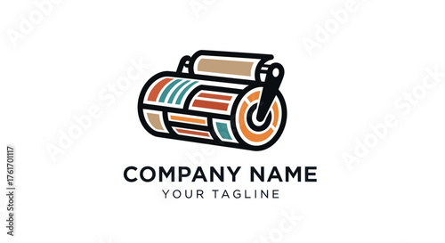 Colorful Printing Press Roll with Paper, Modern Print Media Company Logo.