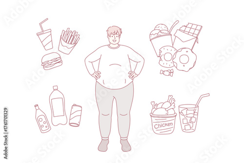 Smiling fat man surrounded by fast junk food and drinks. Happy overweight male suffer from excessive weight. Diet and wellness concept. Bad habits, unhealthy lifestyle. Vector illustration.