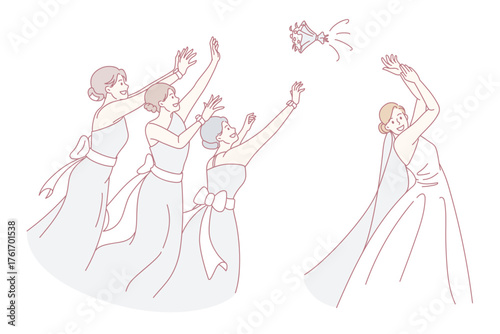 Bride in gown throw bouquet to bridesmaids. Happy woman fiancee and wedding guests involved in traditional custom. Girls maid of honor catch flowers. Marriage celebration concept.