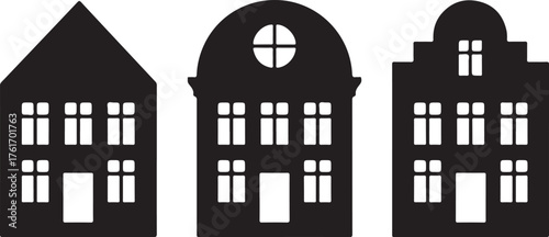 Vector set of traditional old Europe buildings like Amsterdam houses. Isolated black simplified silhouette
