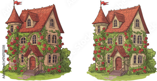 Ivy-covered turret house illustration, whimsical fairy-tale architecture, red roof cottage design, floral facade concept, fantasy dwelling art, storybook home