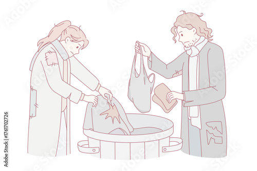Homeless people look for clothes in trash can on streets. Poor needy beggars find clothing in waste outdoor. Homelessness and poverty. Refugee problem concept. Flat vector illustration.