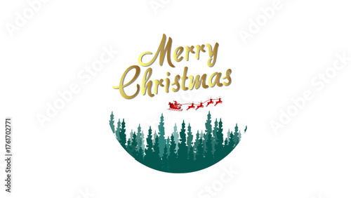 Merry Christmas illustration with Santa sleigh flying over winter forest