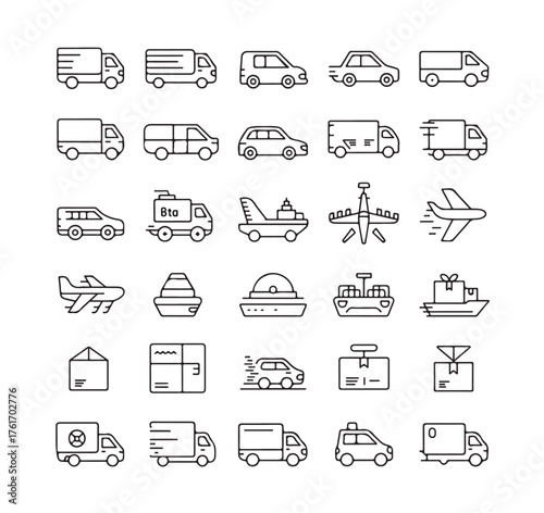 Collection of transportation and delivery icons featuring vehicles and shipping methods