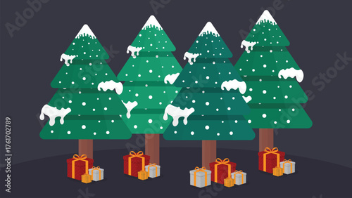 Christmas trees with snow and gift boxes illustration on dark background