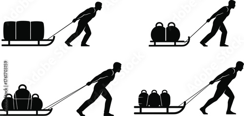 Sled pulling silhouette illustration, strength training posture, fitness workout motion, black figure exercise, load configuration concept, gym power move, health stance