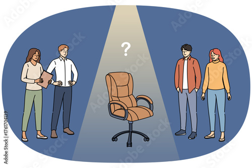Potential candidates for vacancy stand near empty office chair, for personnel recruiting concept. Men and women are researching available vacancy, wanting to get good offer with high salary