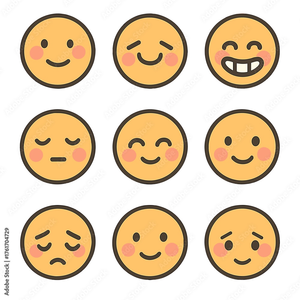 Fototapeta premium Blushing Faces Icons. Flat icon set of blushing faces: blush cheeks, shy smile, bashful eyes, embarrassed grin