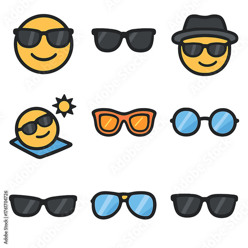 Cool Sunglasses Icons. Flat icon set of cool & sunglasses: cool face with shades, sunglasses on face, smirk