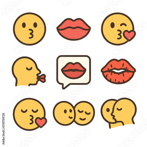 Kissing Icons Grid. Flat icon set of kissing & smooch: kissy face, puckered lips, heart kiss, close-mouth kiss