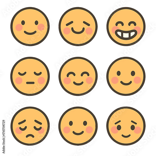 Blushing Faces Icons. Flat icon set of blushing faces: blush cheeks, shy smile, bashful eyes, embarrassed grin