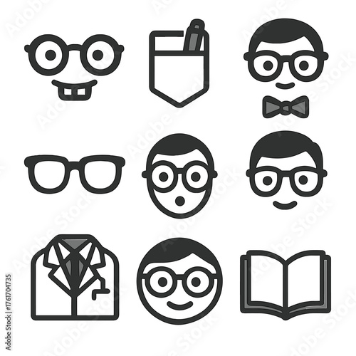 Nerd & Geek Icons. Flat icon set of nerd & geek: glasses face, buck teeth, pocket protector, bow tie face,