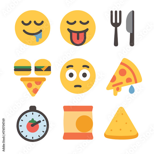Hungry Icons Set. Flat icon set of drooling & hungry: drooling face, tongue out, fork and knife, burger eyes,