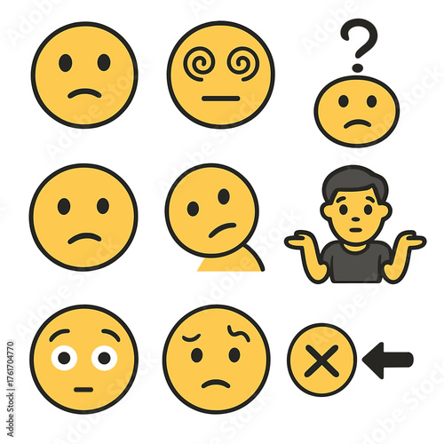 Confused Expression Icons. Flat icon set of confused expressions: confused face, swirl eyes, tilted mouth,