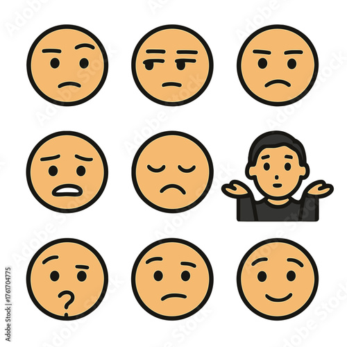 Skeptical Expression Icons. Flat icon set of skeptical & unsure: raised eyebrow, side glance, doubt face, lip