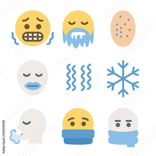 Cold Weather Icons. Flat icon set of cold & freezing: cold face, icicle beard, goosebumps lines, blue lips,
