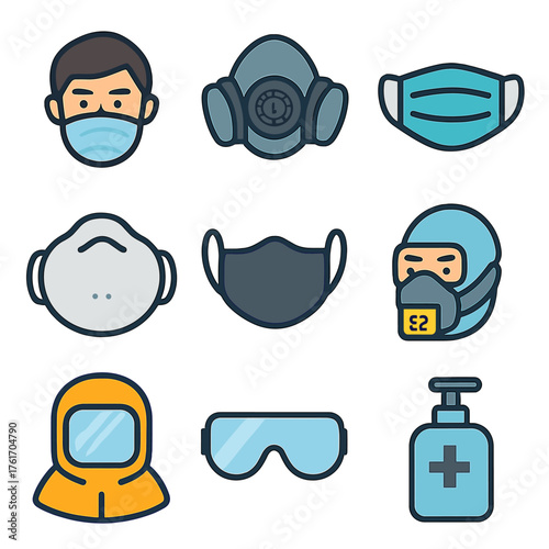 Protective Gear Icons. Flat icon set of masked & protective: mask face, respirator, surgical mask, N95 mask,