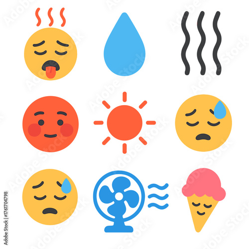 Heat Relief Icons. Flat icon set of hot & flushed: hot face, sweat droplet, steam lines, flushed cheeks, heat