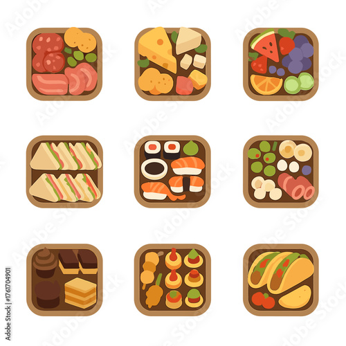 Picnic Food Tray Icons. Flat icon set of picnic food trays: charcuterie board, cheese platter, fruit tray,