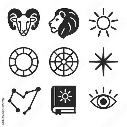 Zodiac Icon Grid. Flat icon set of sun signs: Aries ram, Leo lion, sun glyph, zodiac circle, celestial wheel,