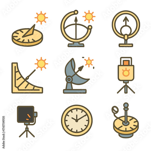 Sun Instruments Icon Set. Flat icon set of sun instruments: sundial, solar compass, azimuth ring, sun quadrant