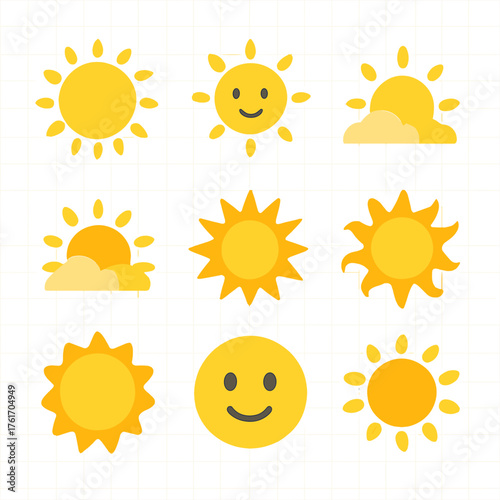 Sun Emoji Icon Set. Flat icon set of sun for emojis: sun emoji circle, sunny face, dawn emoji, dusk emoji,