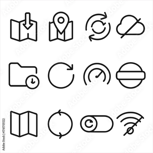 Offline Map Icons. Outline icon set of offline maps: download icon, offline pin, sync arrow, cloud slash,