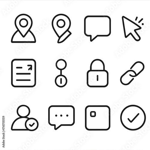 Map Collaboration Icons. Outline icon set of map collaboration: user pin, edit marker, comment bubble, live
