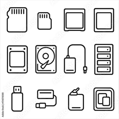 Memory Storage Icon Grid. Outline icon set of live traffic: car cluster, traffic jam, speed indicator,
