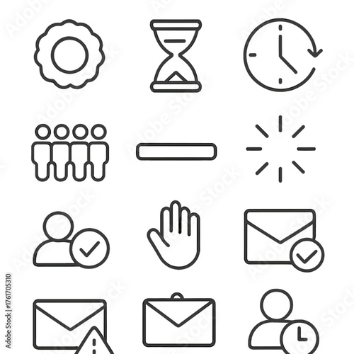 Refund Pending Icons. Outline icon set of mail returns: mailbox drop, postal bag, postman, scanning center,