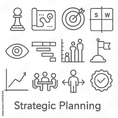 Strategic Planning Icons. Outline icon set of resource allocation: pie chart, stack of coins, person icons,
