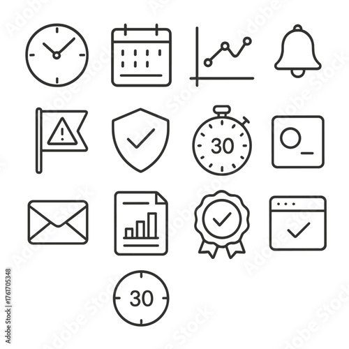 SLA Icon Grid. Outline icon set of B2B return flows: purchase order, RMA form, bulk pack, pallet ship, freight
