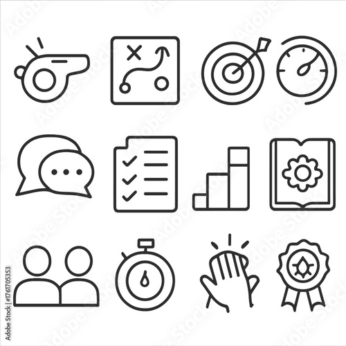 Team Coaching Icons. Outline icon set of strategic planning: chess pawn, roadmap scroll, target icon, SWOT