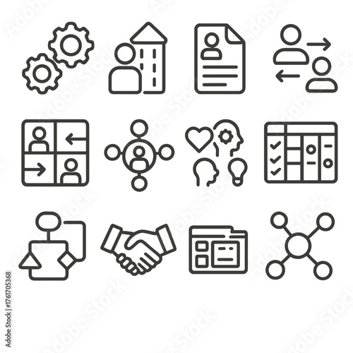 Cross-functional Icons Grid. Outline icon set of mentorship programs: mentor figure, mentee figure, handshake,