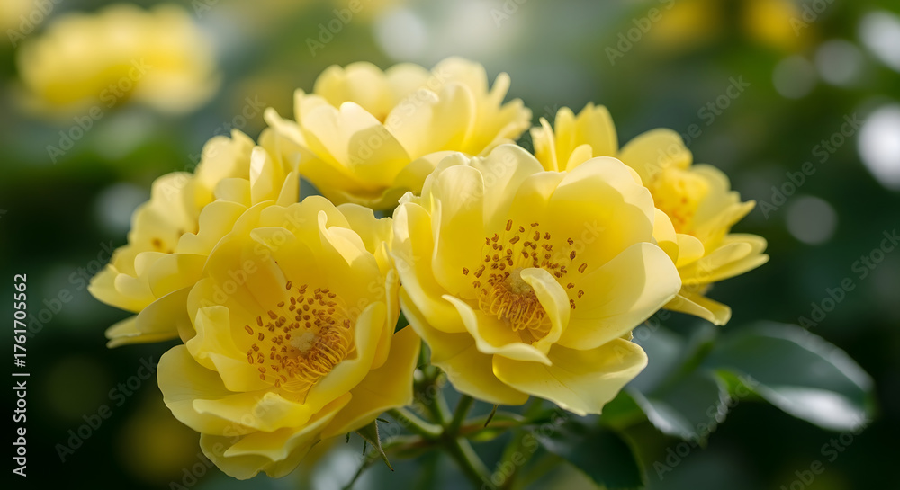 Fototapeta premium Radiant cluster of delicate yellow roses in full bloom with blurred backdrop