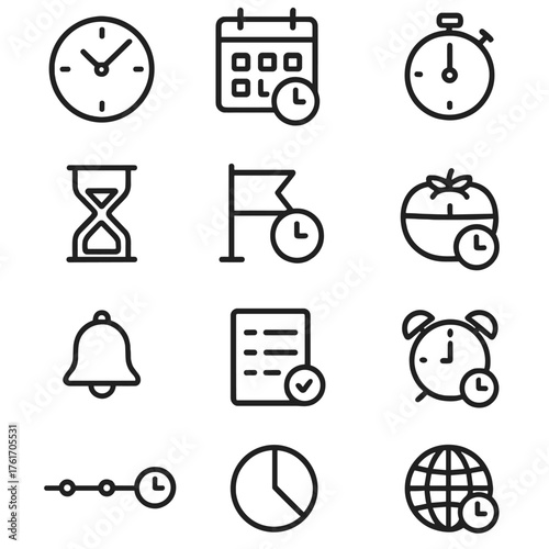Time Management Icons. Outline icon set of time management: clock face, calendar, stopwatch, hourglass,