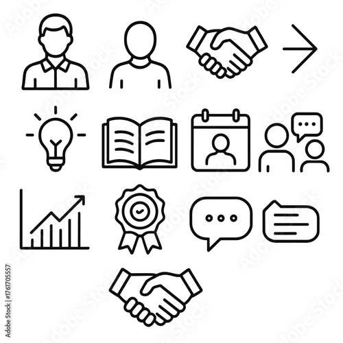 Mentorship Icons Grid. Outline icon set of mentorship programs: mentor figure, mentee figure, handshake,