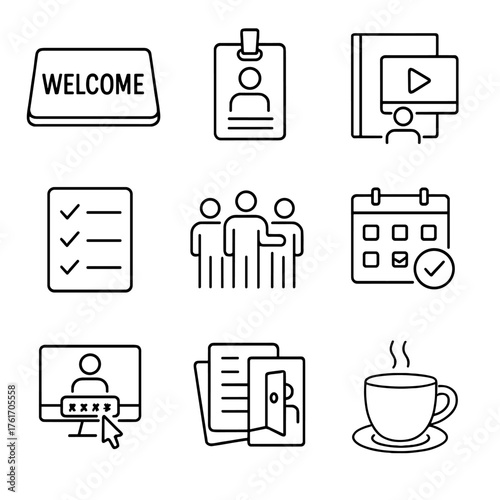Employee Onboarding Icons. Outline icon set of employee onboarding: welcome mat, ID badge, orientation guide,