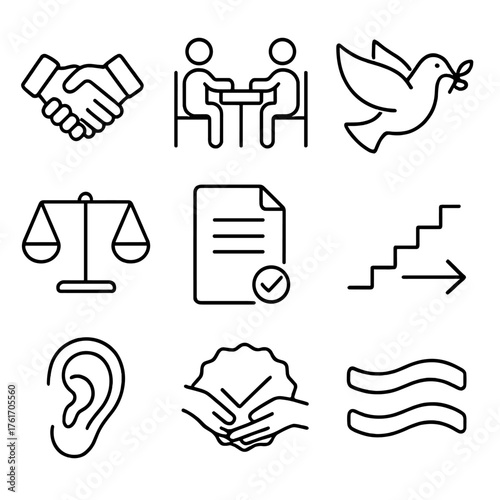 Conflict Resolution Icons. Outline icon set of conflict resolution: handshake, mediation table, peace dove,