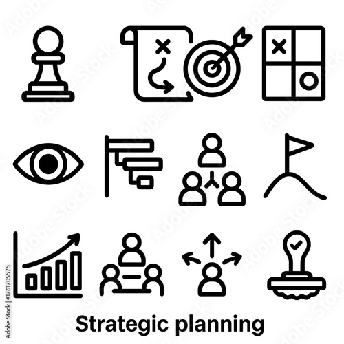 Strategic Planning Icons. Outline icon set of strategic planning: chess pawn, roadmap scroll, target icon,